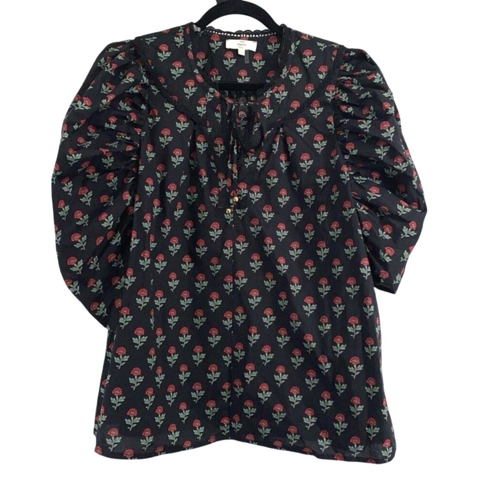 Entro Women’s Black Floral Puff Sleeve Top Block Print Large Summer Cottagecore